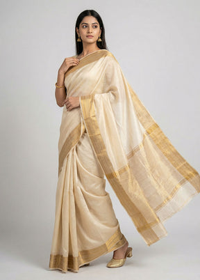 Cream Dupion Silk Saree With Blouse Piece