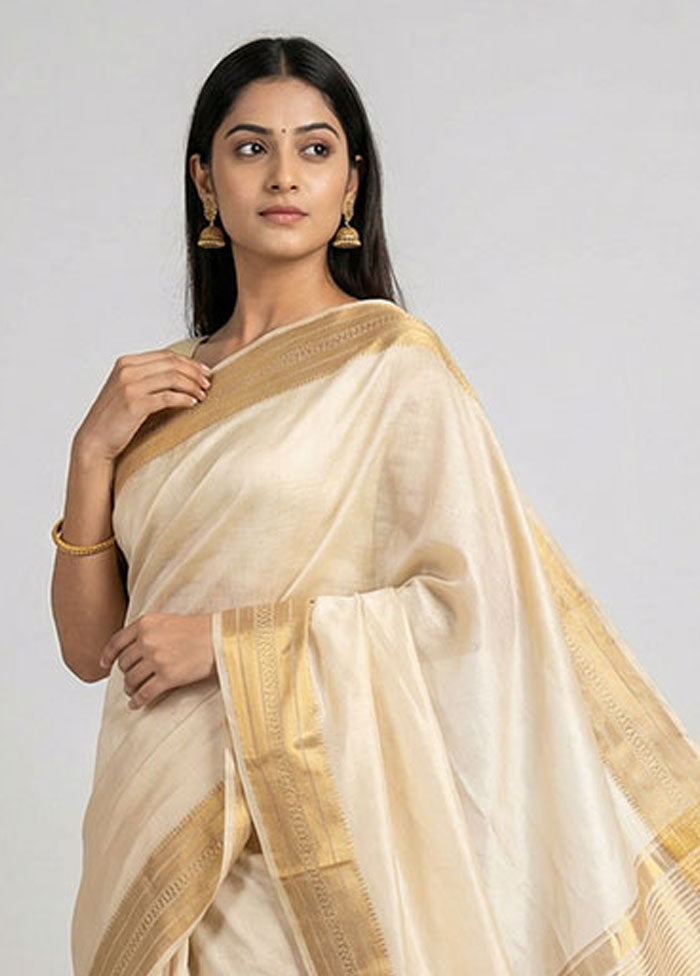 Cream Dupion Silk Saree With Blouse Piece