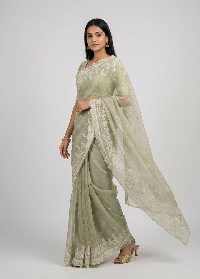 Green Handloom Pure Cotton Saree With Blouse Piece