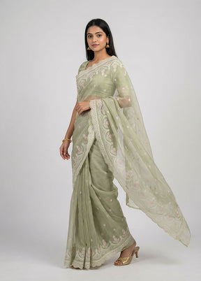 Green Handloom Pure Cotton Saree With Blouse Piece