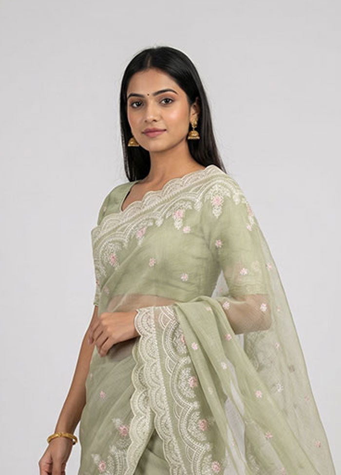 Green Handloom Pure Cotton Saree With Blouse Piece