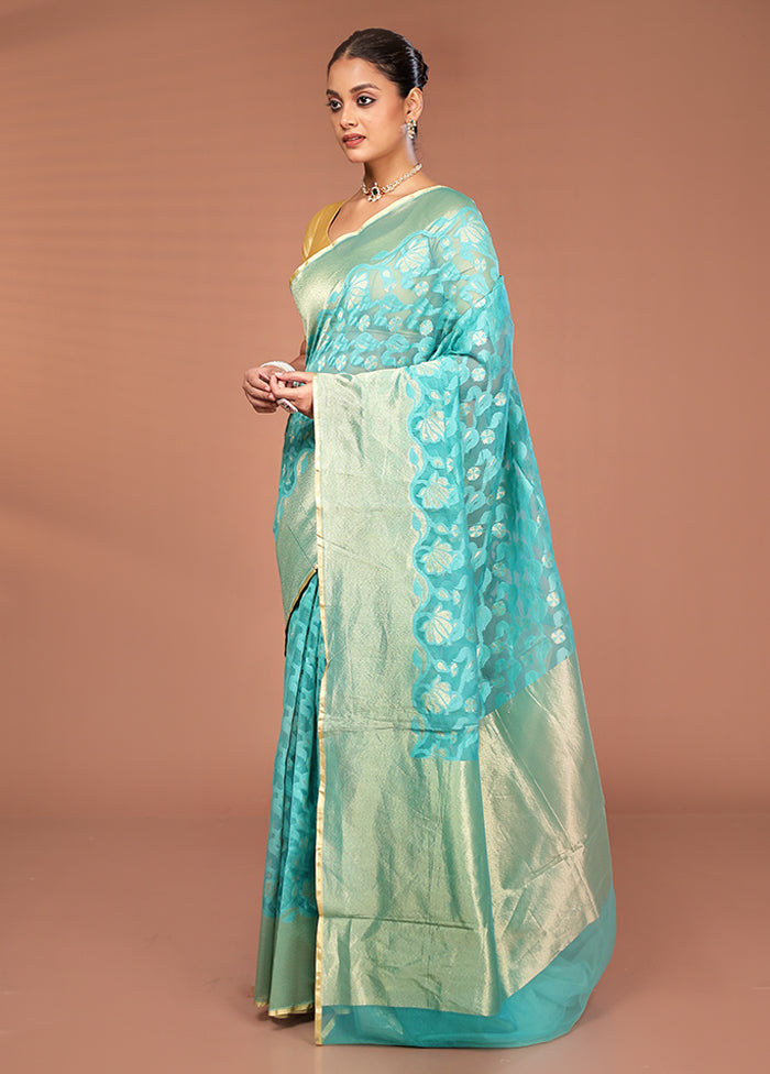 Green Net Saree With Blouse Piece