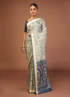 Cream Printed Silk Saree Without Blouse Piece