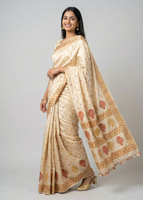 Cream Handloom Assam Pure Silk Saree With Blouse Piece