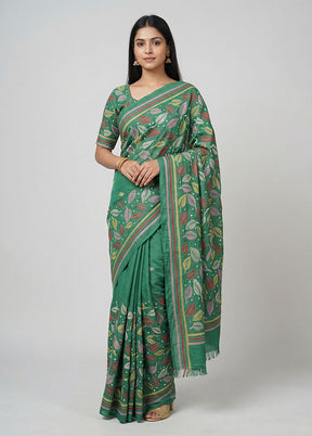 Green Kantha Stitch Silk Saree With Blouse Piece