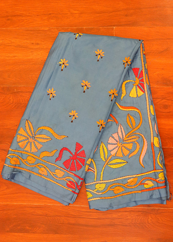 Grey Kantha Stitch Silk Saree With Blouse Piece