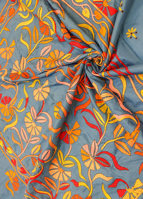 Grey Kantha Stitch Silk Saree With Blouse Piece