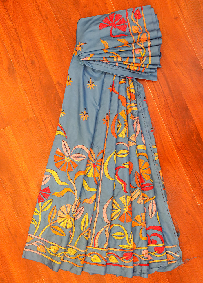 Grey Kantha Stitch Silk Saree With Blouse Piece