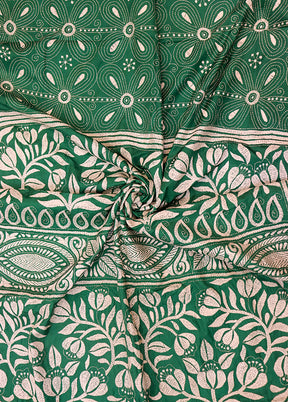 Green Kantha Stitch Silk Saree With Blouse Piece
