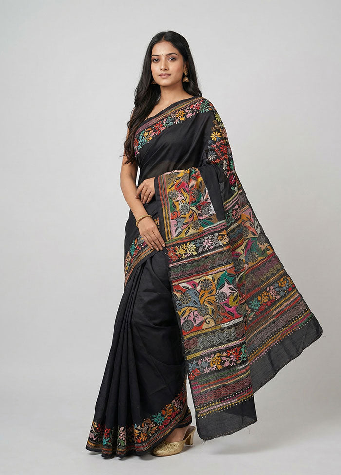 Black Handloom Kantha Stitch Pure Silk Saree With Blouse Piece
