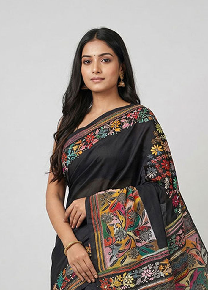 Black Handloom Kantha Stitch Pure Silk Saree With Blouse Piece