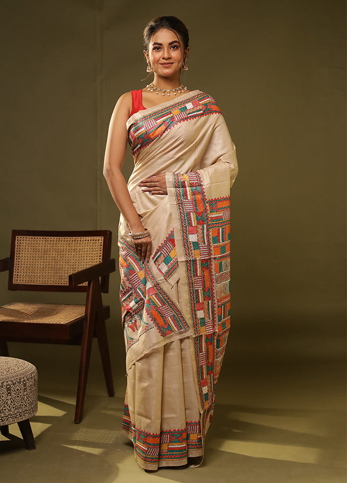 Cream Handloom Kantha Stitch Pure Silk Saree With Blouse Piece