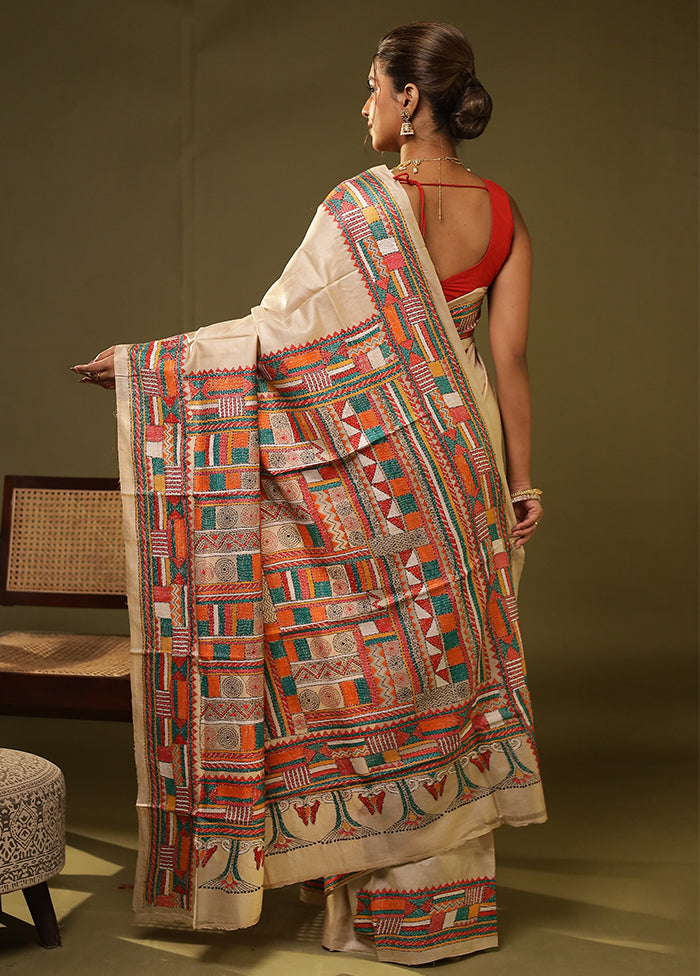 Cream Handloom Kantha Stitch Pure Silk Saree With Blouse Piece