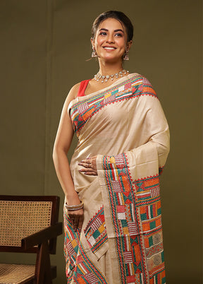 Cream Handloom Kantha Stitch Pure Silk Saree With Blouse Piece