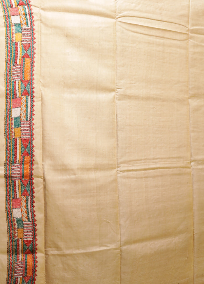 Cream Handloom Kantha Stitch Pure Silk Saree With Blouse Piece