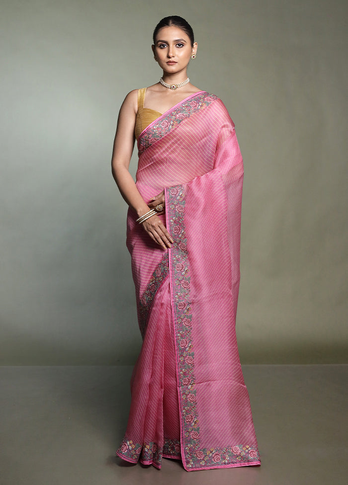 Pink Handloom Pure Organza Saree With Blouse Piece