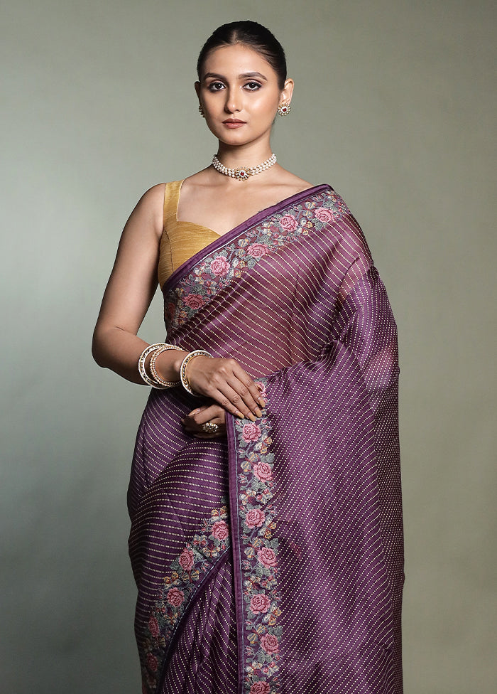 Purple Handloom Pure Organza Saree With Blouse Piece