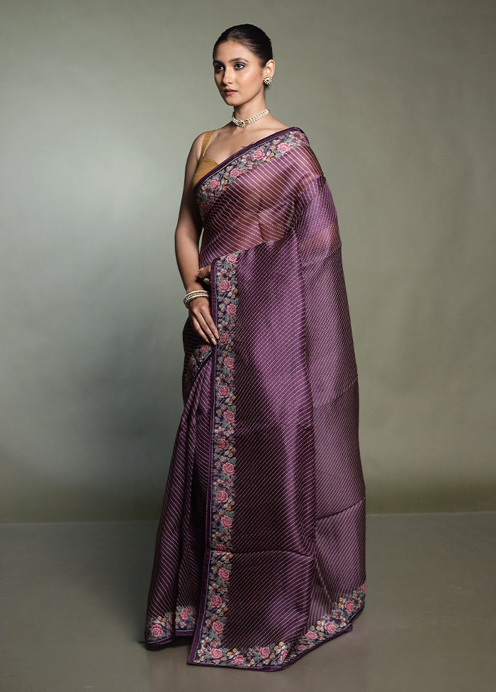 Purple Handloom Pure Organza Saree With Blouse Piece