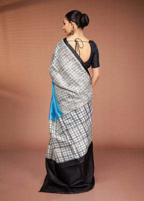 White Printed Pure Silk Saree Without Blouse Piece