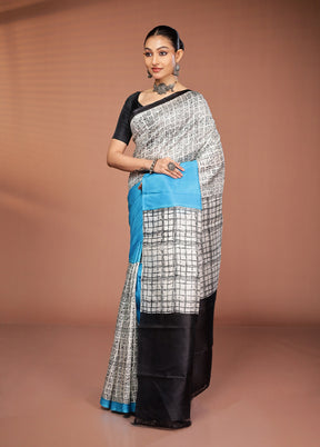 White Printed Pure Silk Saree Without Blouse Piece