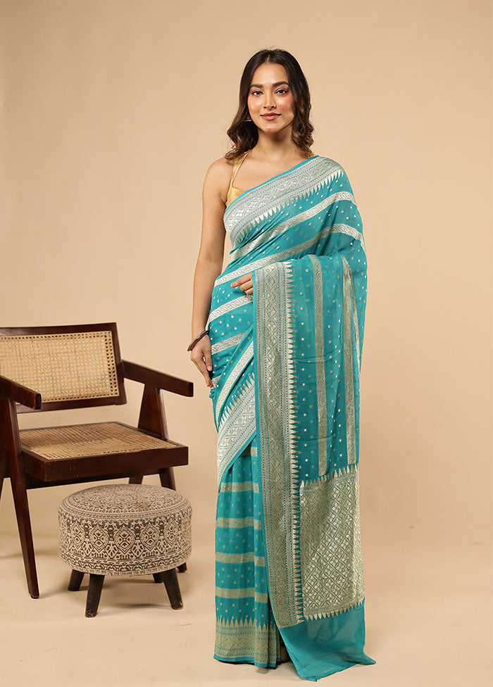 Blue Garad Pure Silk Saree Without Blouse Piece