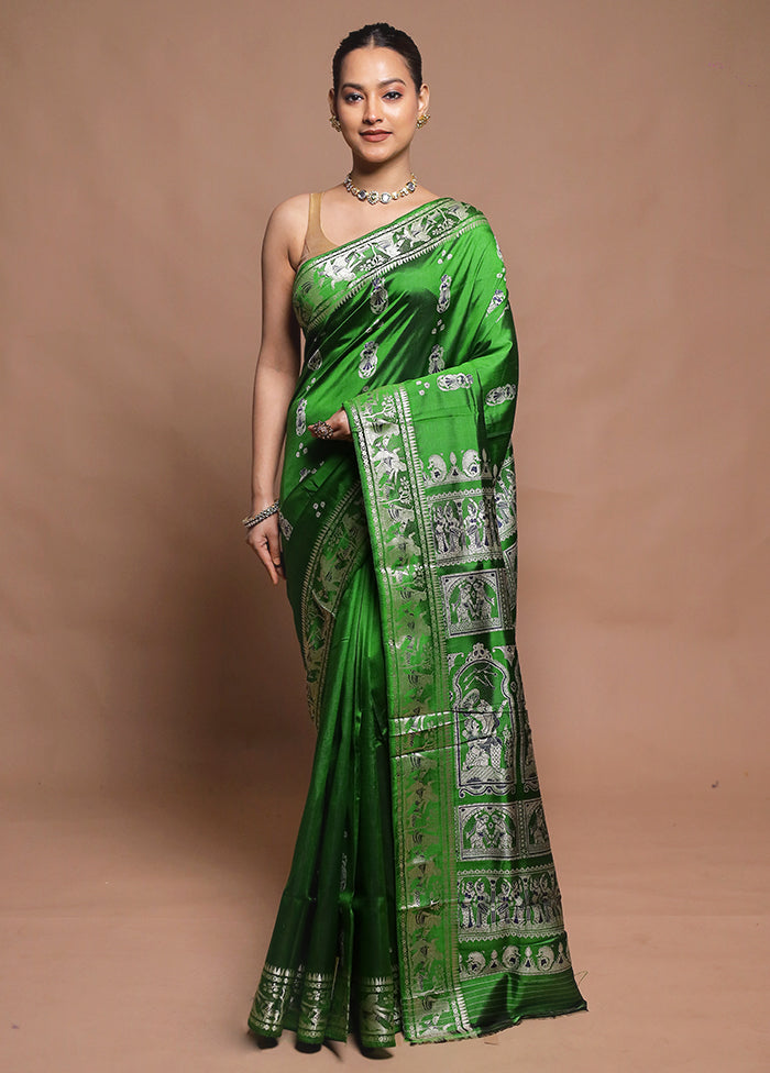 Green Handloom Baluchari Pure Silk Saree With Blouse Piece