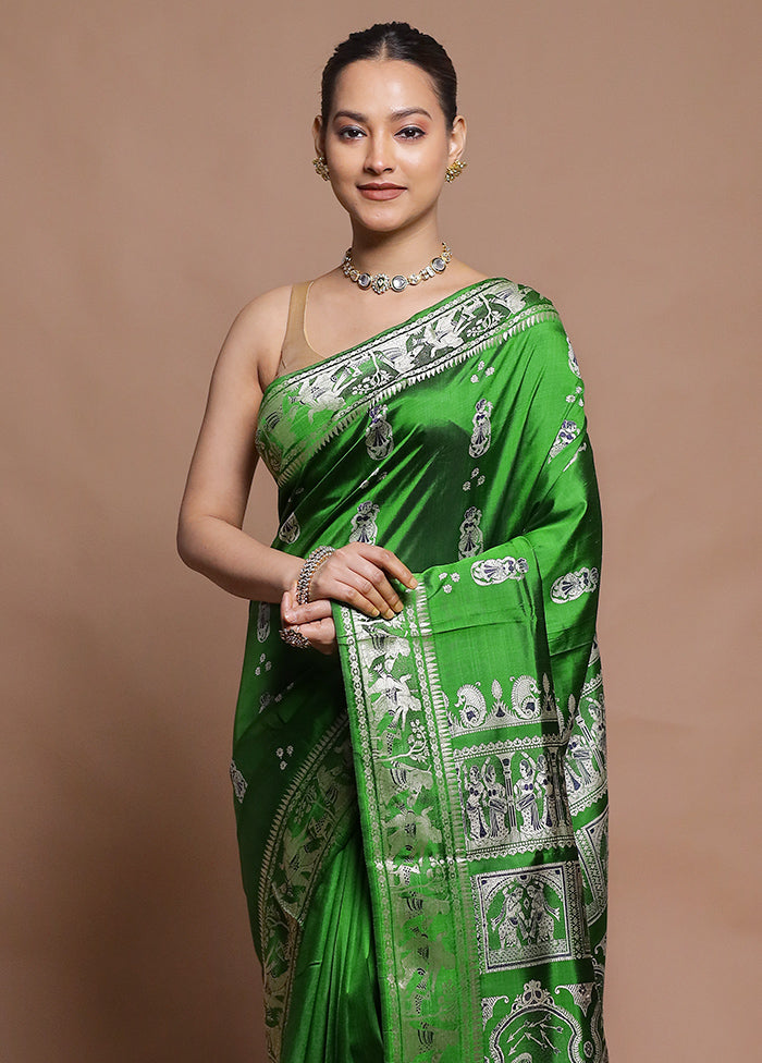 Green Handloom Baluchari Pure Silk Saree With Blouse Piece