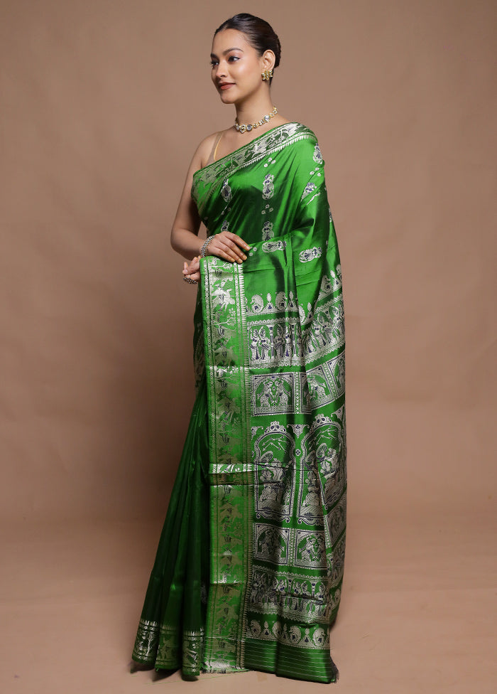 Green Handloom Baluchari Pure Silk Saree With Blouse Piece