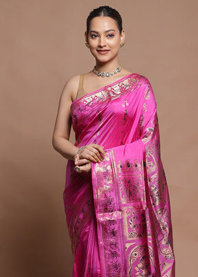 Pink Handloom Baluchari Pure Silk Saree With Blouse Piece