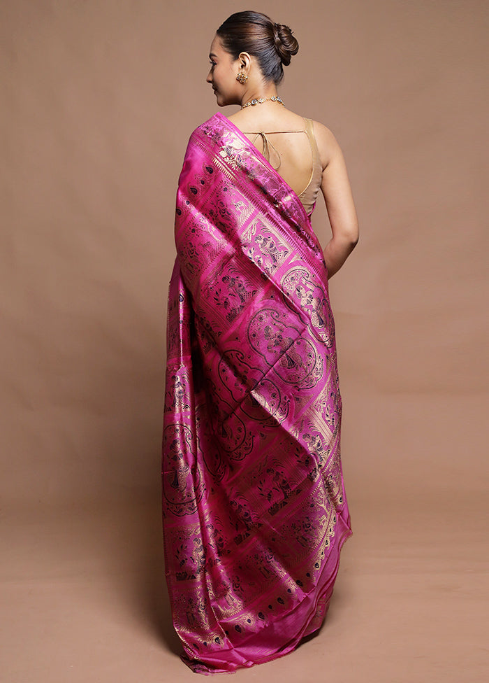 Pink Handloom Baluchari Pure Silk Saree With Blouse Piece
