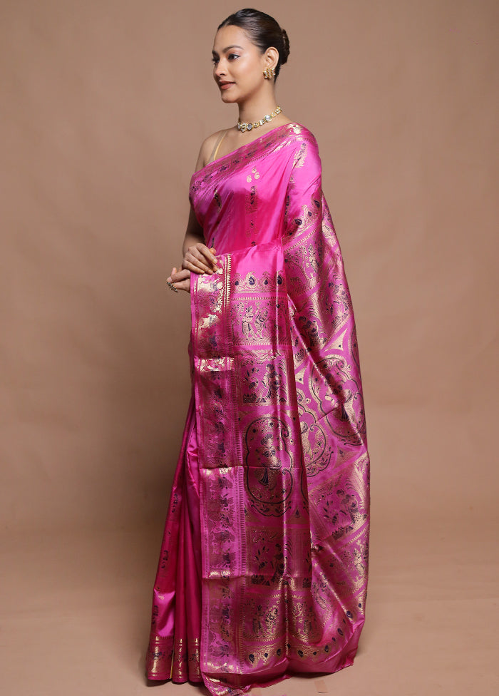 Pink Handloom Baluchari Pure Silk Saree With Blouse Piece