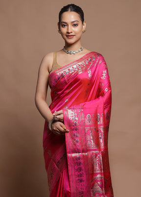 Pink Handloom Baluchari Pure Silk Saree With Blouse Piece