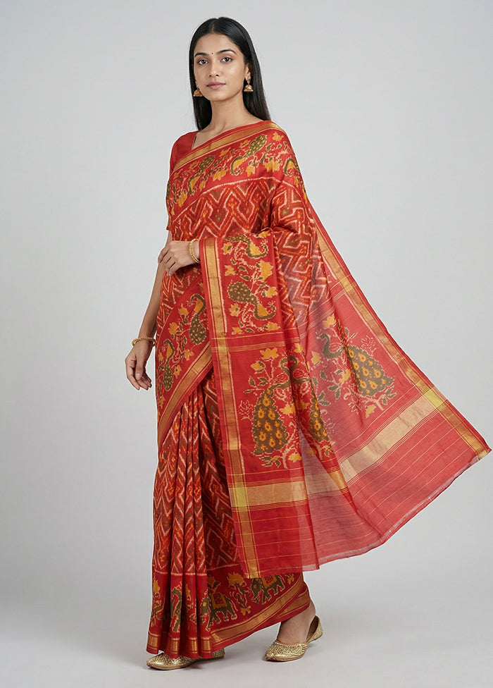 Red Handloom Patola Pure Silk Saree With Blouse Piece