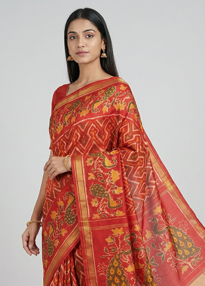 Red Handloom Patola Pure Silk Saree With Blouse Piece