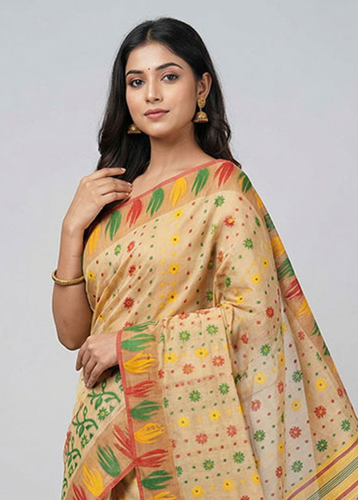 Cream Jamdani Cotton Saree Without Blouse Piece