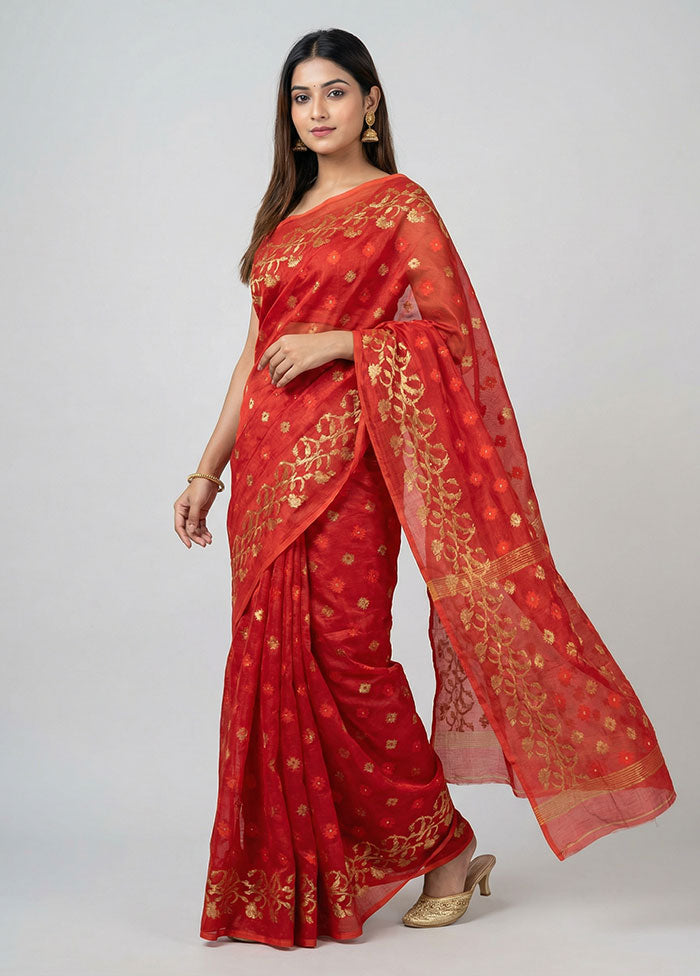 Red Jamdani Cotton Saree Without Blouse Piece