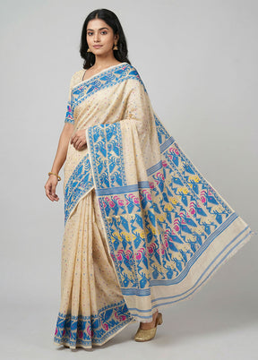 Cream Jamdani Cotton Saree Without Blouse Piece