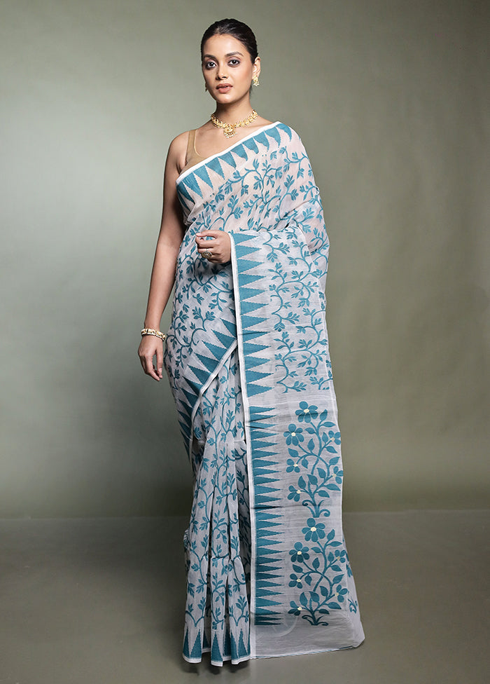 White Tant Jamdani Saree Without Blouse Piece