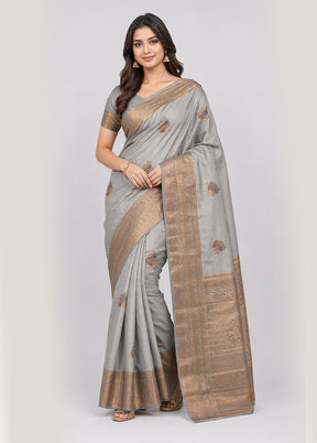 Grey Handloom Dupion Pure Silk Saree With Blouse Piece