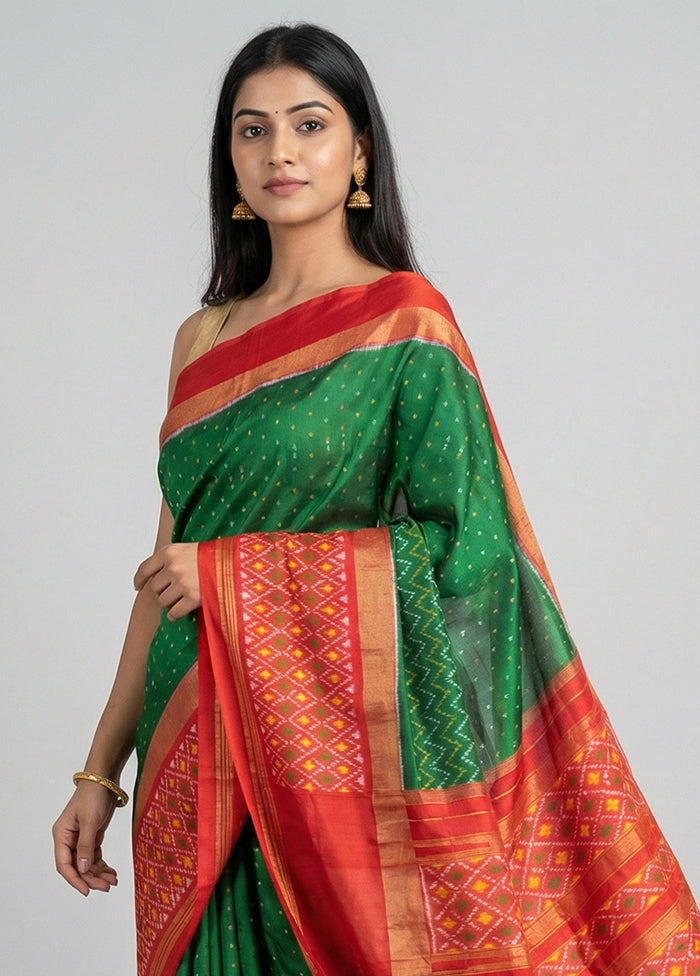Green Handloom Ikkat Pure Silk Saree With Blouse Piece