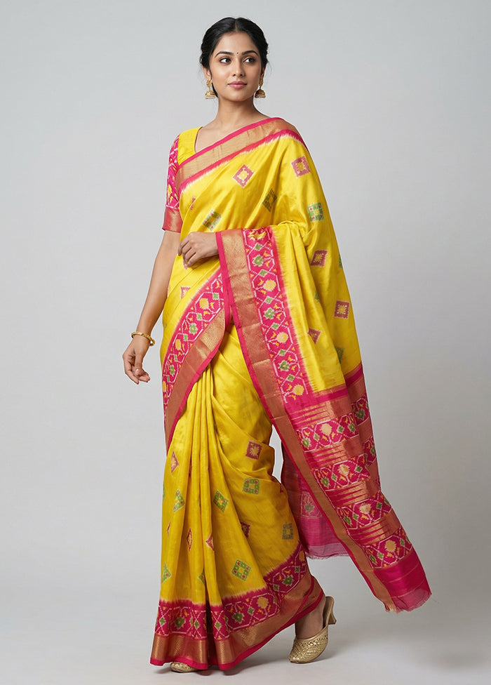 Yellow Handloom Ikkat Pure Silk Saree With Blouse Piece