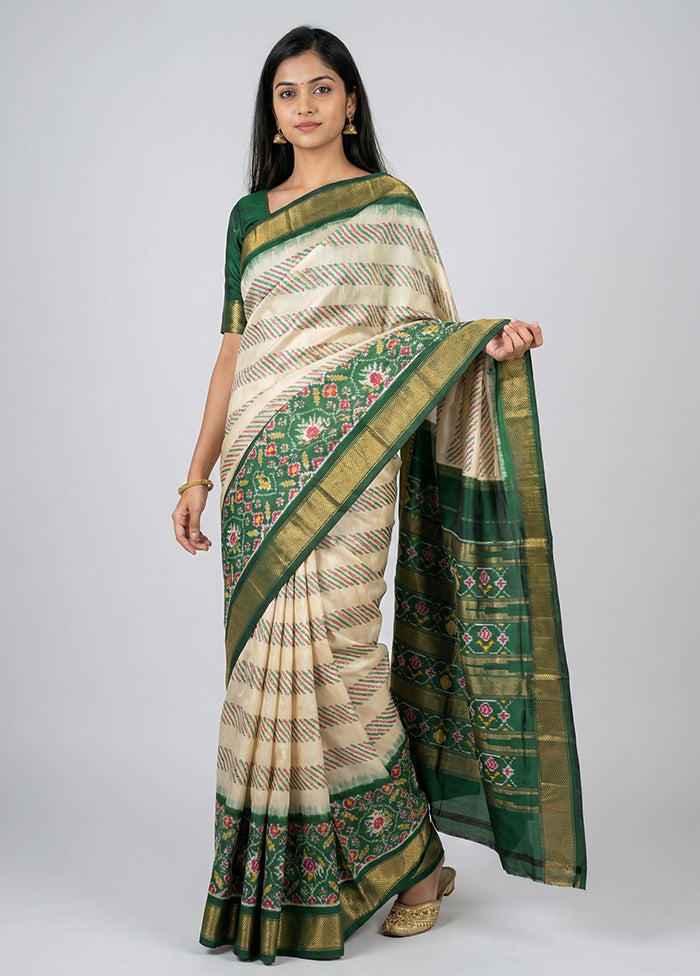 Green Handloom Ikkat Pure Silk Saree With Blouse Piece