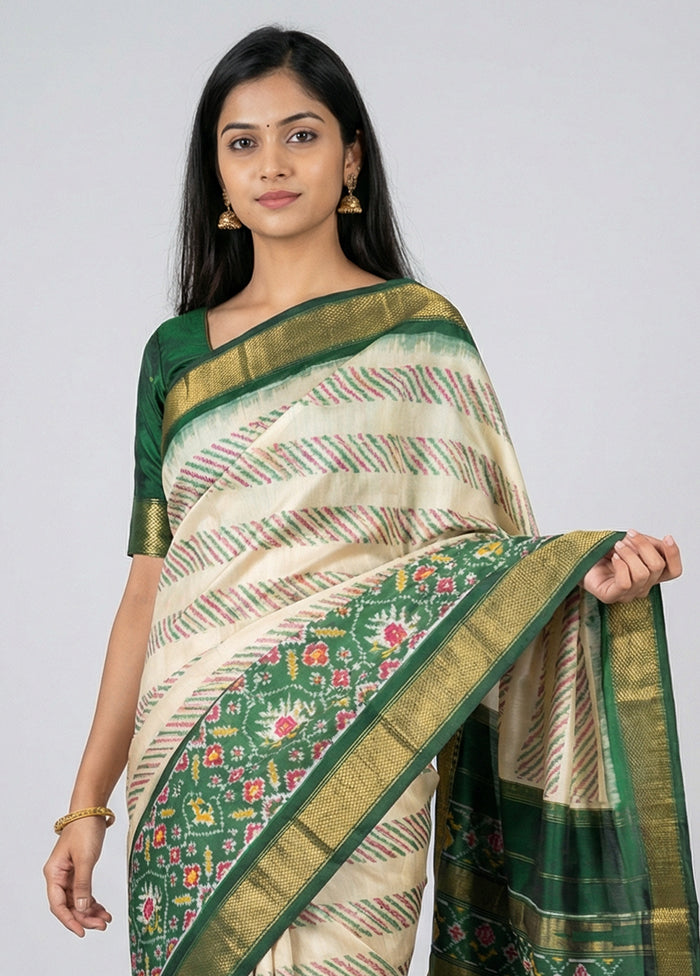 Green Handloom Ikkat Pure Silk Saree With Blouse Piece
