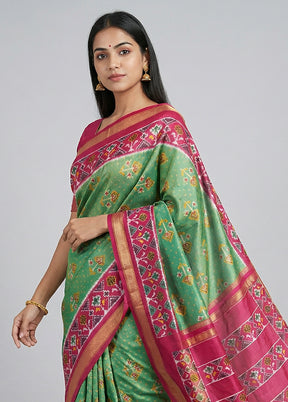 Green Handloom Ikkat Pure Silk Saree With Blouse Piece