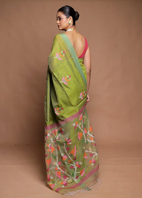 Green Handloom Matka Pure Silk Saree With Blouse Piece