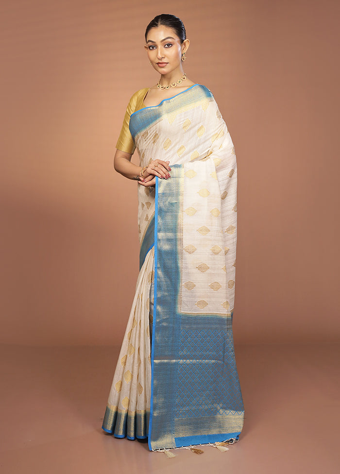 White Dupion Silk Saree With Blouse Piece