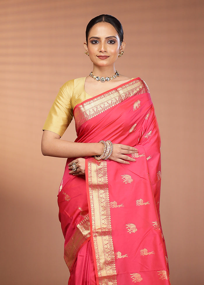 Pink Handloom Kanjivaram Pure Silk Saree With Blouse Piece