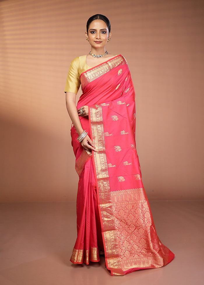 Pink Handloom Kanjivaram Pure Silk Saree With Blouse Piece