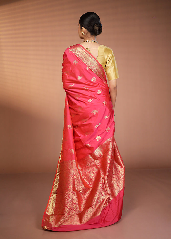 Pink Handloom Kanjivaram Pure Silk Saree With Blouse Piece