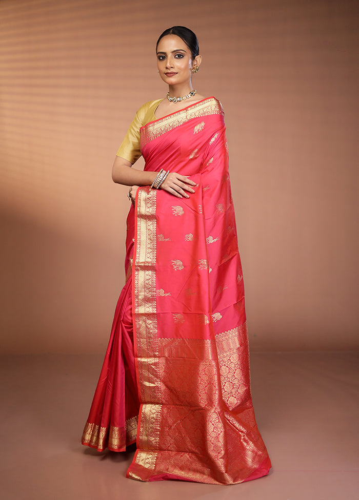 Pink Handloom Kanjivaram Pure Silk Saree With Blouse Piece